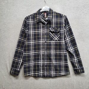 Metal Mulisha Men Button Up Shirt Medium Black Plaid Flannel Pocket Long Sleeve